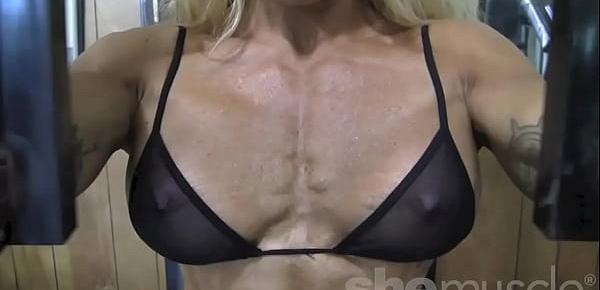  Blonde Sexy Female Bodybuilder in See Through Top Works Out